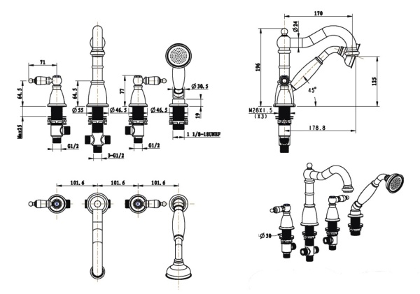 Смеситель на борт ванны Boheme Royal Cristal 396-Royal/CRST black