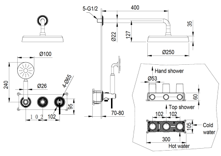 Смеситель встроенный + верхний+ ручной душ, ETERNA BRONZE 174-BR