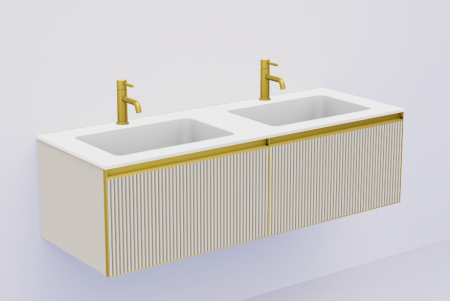 QUATRO 2 140см (70+70) тумба рифл CASHMERE профиль MATT GOLD + внутр. подсв. 790-M2-140(70+70)-R-C-M+L