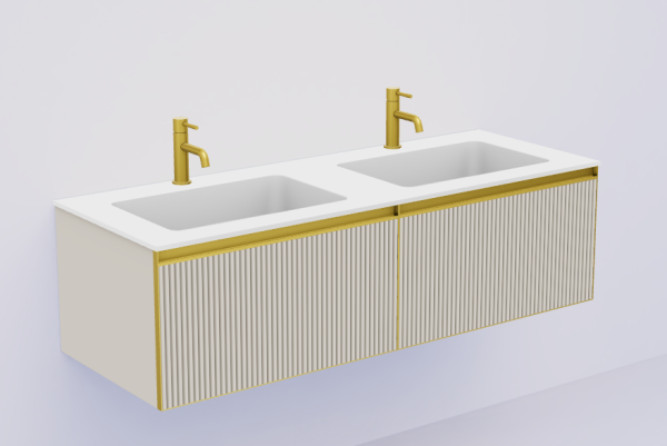 QUATRO 2 140см (70+70) тумба рифл CASHMERE профиль MATT GOLD + внутр. подсв. 790-M2-140(70+70)-R-C-M+L