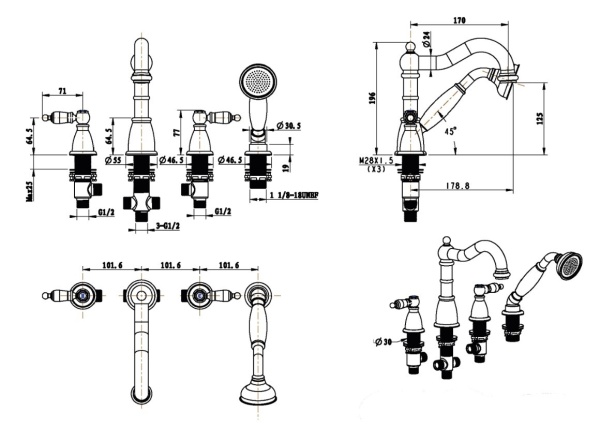 Смеситель на борт ванны Boheme Royal Cristal 391-Royal/CRST black