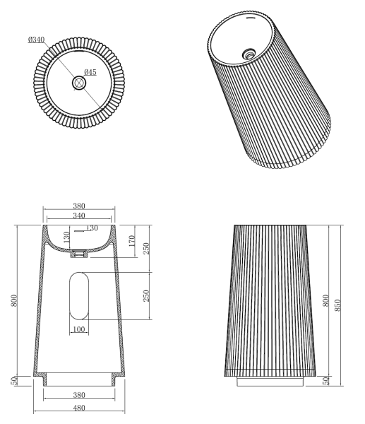 Раковина напольная рифленая Corian 480*480*850 MINT (мятный) 801-Torre-MT
